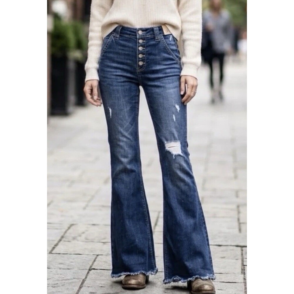 Kancan Jeans High Rise Super Flare Womens 11/29 Distressed Open Hem Button Fly